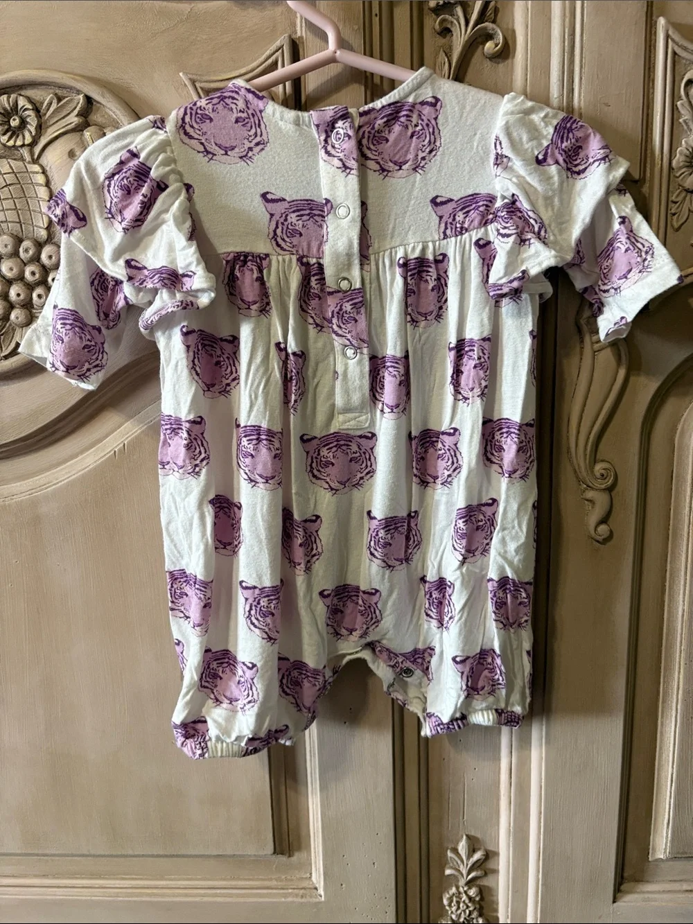 kate quinn Cream One-Piece Footie with Purple Tiger Faces